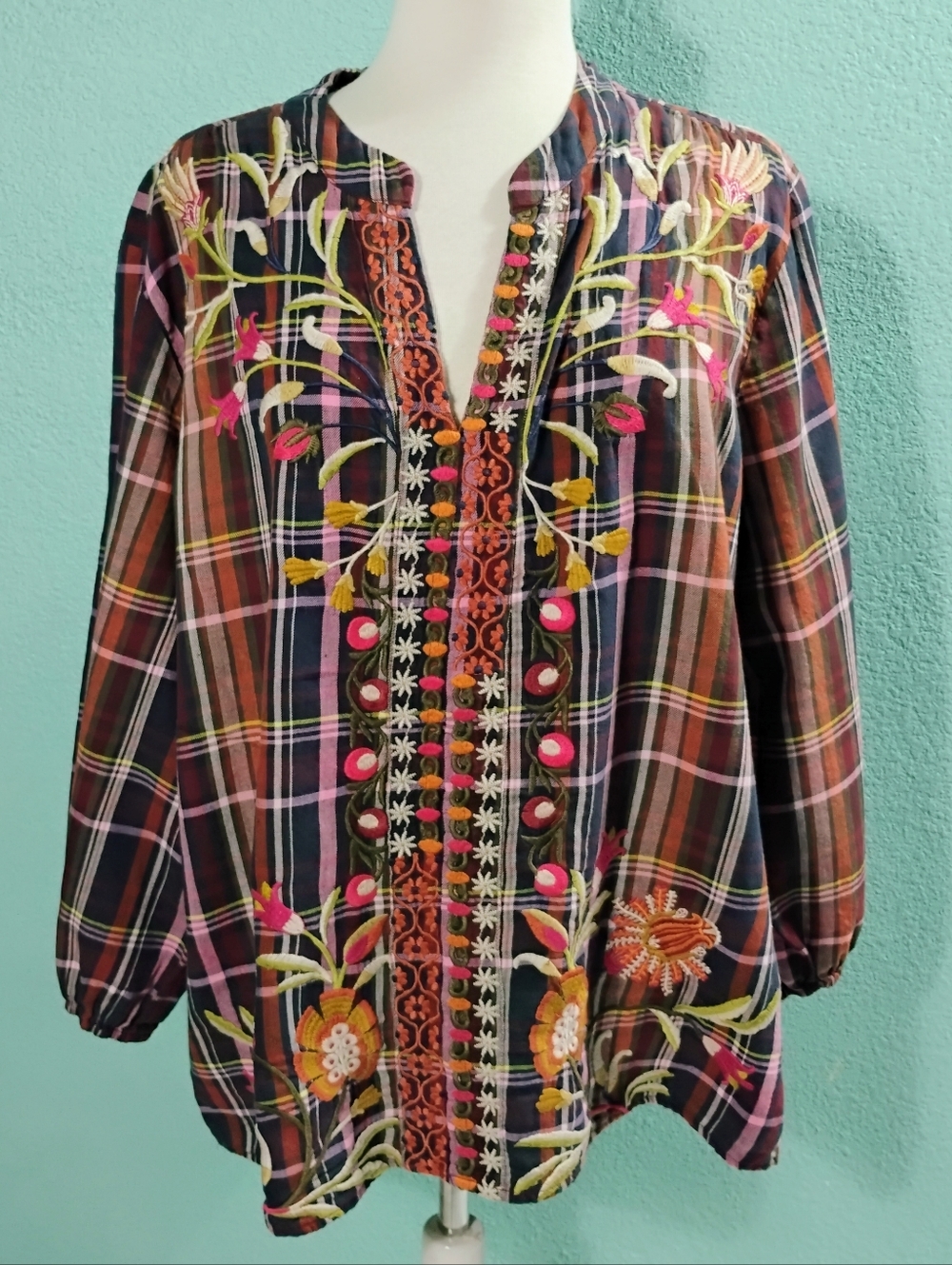Johnny Was Workshop Multicolor Embroidered Blouse Sz XL